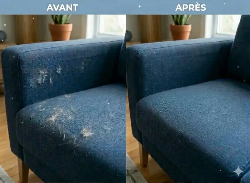 Comparaison avant après l'utilisation du gant attrape-poils sur un canapé bleu couvert de poils d'animaux.