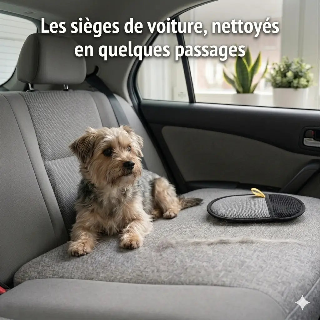 Gant anti-poils réutilisable sur siège de voiture avec un chien pour enlever les poils