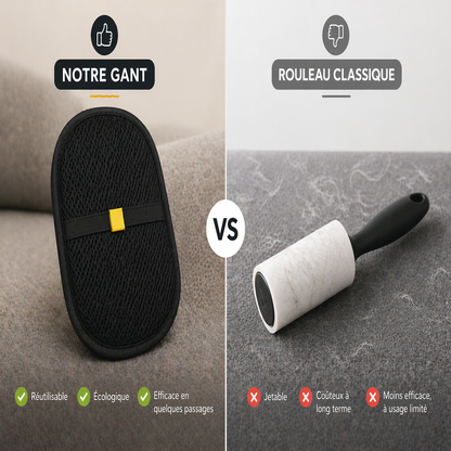 Gant anti poils réutilisable comparé à un rouleau adhésif pour enlever les poils d’animaux sur canapé et tissus